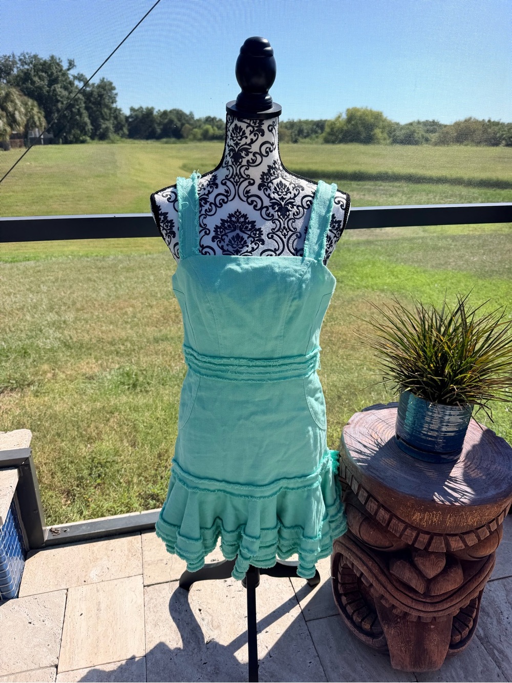 Alexis Judith Dress Small Aqua Linen Cotton Ruffle Raw Edge Fit Flare Mini